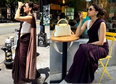 Taapsee Pannu saunters in a saree while vacationing in New York | Taapsee Pannu saunters in a saree while vacationing in New York
