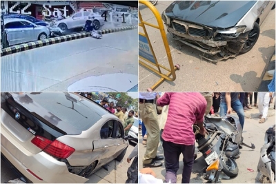 K'taka: 2 injured as BMW driver loses control, jumps divider | K'taka: 2 injured as BMW driver loses control, jumps divider