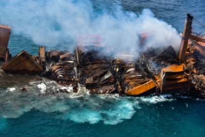 SL probes possible oil leak from burnt cargo ship | SL probes possible oil leak from burnt cargo ship