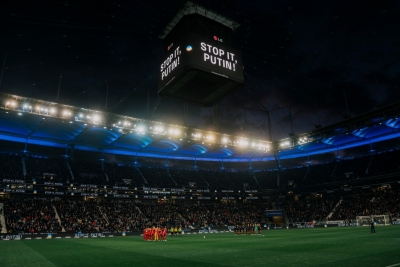 German club Eintracht Frankfurt lights up its stadium in Ukraine colours | German club Eintracht Frankfurt lights up its stadium in Ukraine colours