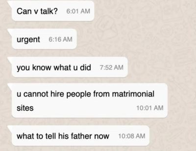 B'luru fintech Co-founder offers job to matrimonial match, chat with father goes viral | B'luru fintech Co-founder offers job to matrimonial match, chat with father goes viral B'luru fintech Co-founder offers job to matrimonial match, chat with father goes viral | B'luru fintech Co-founder offers job to matrimonial match, chat with father goes viral