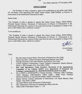 Govt gives 1-year extension to ED Director S K Mishra | Govt gives 1-year extension to ED Director S K Mishra Govt gives 1-year extension to ED Director S K Mishra | Govt gives 1-year extension to ED Director S K Mishra