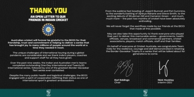 In a rare gesture, Cricket Australia says 'forever grateful' to BCCI | In a rare gesture, Cricket Australia says 'forever grateful' to BCCI