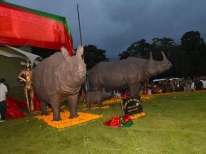 Assam: 3 Rhino statues made from burnt horns stand tall at Kaziranga | Assam: 3 Rhino statues made from burnt horns stand tall at Kaziranga