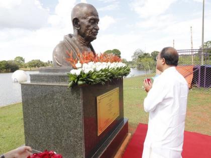 MoS Muraleedharan pays homage to Mahatma Gandhi at City Park in Brazil | MoS Muraleedharan pays homage to Mahatma Gandhi at City Park in Brazil