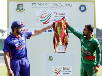 Rohit Sharma unveils ODI trophy with stand-in Bangladesh skipper Liton Das | Rohit Sharma unveils ODI trophy with stand-in Bangladesh skipper Liton Das