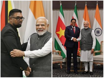 PM Modi meets Presidents of Guyana, Suriname on margins of Pravasi Bharatiya Divas in Indore | PM Modi meets Presidents of Guyana, Suriname on margins of Pravasi Bharatiya Divas in Indore