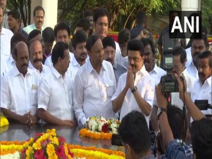 MK Stalin pays floral tribute to former chief ministers M Karunanidhi, CN Annadurai | MK Stalin pays floral tribute to former chief ministers M Karunanidhi, CN Annadurai