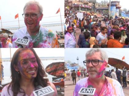 Locals, foreigners celebrate Holi at Dashashwamedh Ghat in Varanasi | Locals, foreigners celebrate Holi at Dashashwamedh Ghat in Varanasi