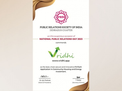 Vridhi awarded as the best and most innovative Fintech app for Energy Investments and Community Housing on National PR Day 2023 | Vridhi awarded as the best and most innovative Fintech app for Energy Investments and Community Housing on National PR Day 2023