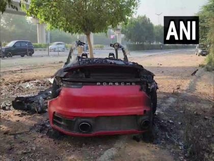 Haryana: Speeding luxury car burns to ashes after colliding with tree in Gurugram | Haryana: Speeding luxury car burns to ashes after colliding with tree in Gurugram