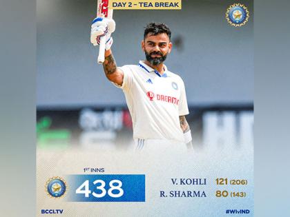 Kohli's ton, fifties by Rohit, Jaiswal, Ashwin push India to 438 against West Indies in 2nd Test (Day 1, Tea) | Kohli's ton, fifties by Rohit, Jaiswal, Ashwin push India to 438 against West Indies in 2nd Test (Day 1, Tea)