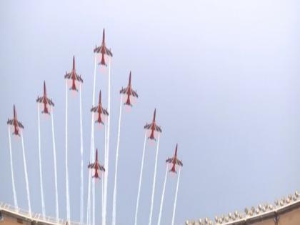 IAF's Suryakiran Aerobatic team performs air show rehearsal over Narendra Modi Stadium | IAF's Suryakiran Aerobatic team performs air show rehearsal over Narendra Modi Stadium