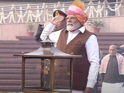 On 75 th Republic Day PM Modi's pagdi sports yellow of 'Bhagwan Ram' | On 75 th Republic Day PM Modi's pagdi sports yellow of 'Bhagwan Ram' On 75 th Republic Day PM Modi's pagdi sports yellow of 'Bhagwan Ram' | On 75 th Republic Day PM Modi's pagdi sports yellow of 'Bhagwan Ram'