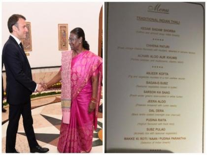 Sarson Ka Saag to Kesar Badam Shorba: President Murmu treats French counterpart Macron to Indian delicacies at banquet dinner | Sarson Ka Saag to Kesar Badam Shorba: President Murmu treats French counterpart Macron to Indian delicacies at banquet dinner Sarson Ka Saag to Kesar Badam Shorba: President Murmu treats French counterpart Macron to Indian delicacies at banquet dinner | Sarson Ka Saag to Kesar Badam Shorba: President Murmu treats French counterpart Macron to Indian delicacies at banquet dinner