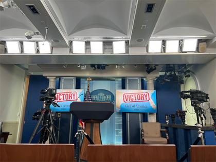White House briefing room TV screens display "Victory" and "Gulf of America" | White House briefing room TV screens display "Victory" and "Gulf of America" White House briefing room TV screens display "Victory" and "Gulf of America" | White House briefing room TV screens display "Victory" and "Gulf of America"