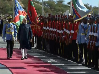 PM Modi receives ceremonial welcome in Namibia, lays wreath at National War Memorial | PM Modi receives ceremonial welcome in Namibia, lays wreath at National War Memorial