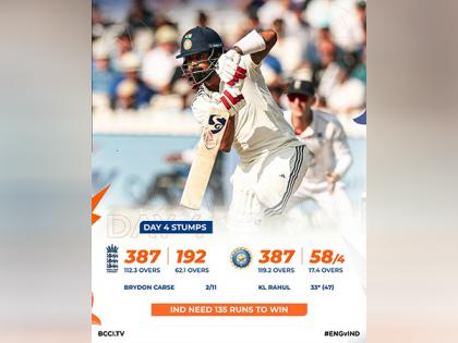 Carse's stunning spell leaves India at disadvantage, India post 58/4 while chasing 193 (Day 4, Stumps) | Carse's stunning spell leaves India at disadvantage, India post 58/4 while chasing 193 (Day 4, Stumps)