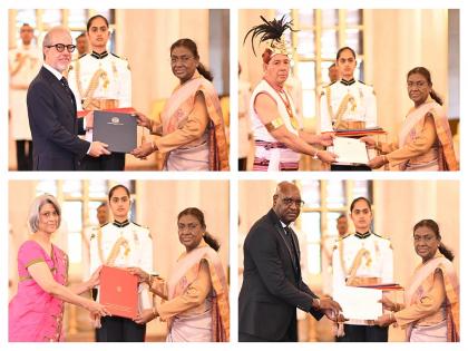 President Murmu receives credentials from envoys of four nations at Rashtrapati Bhavan | President Murmu receives credentials from envoys of four nations at Rashtrapati Bhavan President Murmu receives credentials from envoys of four nations at Rashtrapati Bhavan | President Murmu receives credentials from envoys of four nations at Rashtrapati Bhavan
