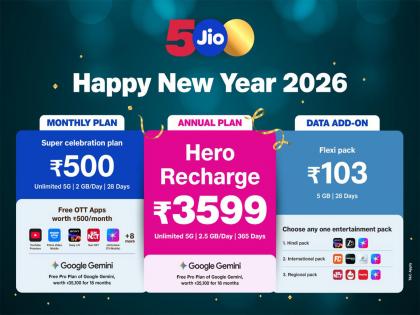 Jio announces "Happy New Year 2026" recharge plans with unlimited 5G and OTT benefits | Jio announces "Happy New Year 2026" recharge plans with unlimited 5G and OTT benefits Jio announces "Happy New Year 2026" recharge plans with unlimited 5G and OTT benefits | Jio announces "Happy New Year 2026" recharge plans with unlimited 5G and OTT benefits