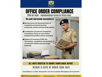 Himachal Pradesh Police orders statewide POSH Act compliance audit within 15 days | Himachal Pradesh Police orders statewide POSH Act compliance audit within 15 days Himachal Pradesh Police orders statewide POSH Act compliance audit within 15 days | Himachal Pradesh Police orders statewide POSH Act compliance audit within 15 days