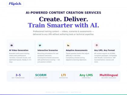 Flipick Launches AI-Powered Training Content Creation Services for Any LMS | Flipick Launches AI-Powered Training Content Creation Services for Any LMS Flipick Launches AI-Powered Training Content Creation Services for Any LMS | Flipick Launches AI-Powered Training Content Creation Services for Any LMS