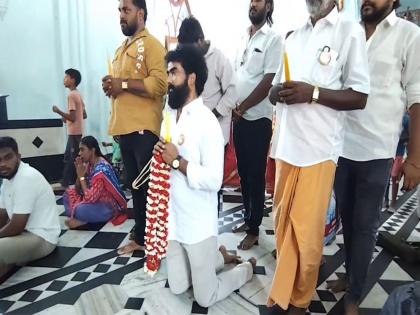 TVK functionary fulfils vow at church by walking on Knees after Vijay's assembly election victory | TVK functionary fulfils vow at church by walking on Knees after Vijay's assembly election victory TVK functionary fulfils vow at church by walking on Knees after Vijay's assembly election victory | TVK functionary fulfils vow at church by walking on Knees after Vijay's assembly election victory