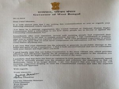 WB Governor urges Mamata to 'withdraw' her UN remarks on CAA | WB Governor urges Mamata to 'withdraw' her UN remarks on CAA