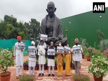 Oppn parties MPs hold protests against farm laws, Pegasus at Gandhi statue in Parliament | Oppn parties MPs hold protests against farm laws, Pegasus at Gandhi statue in Parliament