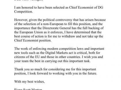US economist declines top EU antitrust job offer after backlash | US economist declines top EU antitrust job offer after backlash