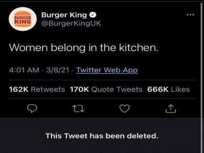 Burger King UK under fire for 'Women belong in kitchen' tweet | Burger King UK under fire for 'Women belong in kitchen' tweet
