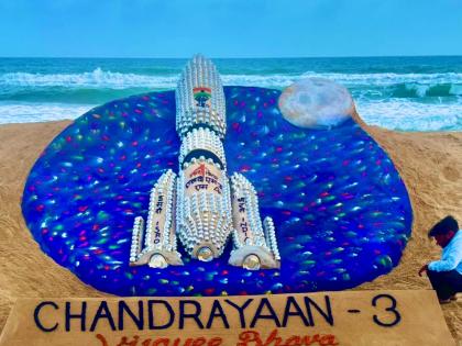 Sand artist creates Chandrayaan-3 at Puri beach, wishes 'Bijayee Bhava' for mission | Sand artist creates Chandrayaan-3 at Puri beach, wishes 'Bijayee Bhava' for mission