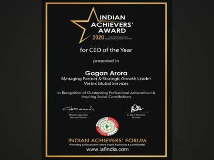 Vertex Global Services CEO, Gagan Arora, wins "CEO of the Year" Award, by 'Indian Achievers' 2020 | Vertex Global Services CEO, Gagan Arora, wins "CEO of the Year" Award, by 'Indian Achievers' 2020