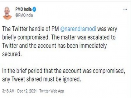 PM Modi's Twitter handle 'very briefly' compromised, secured later | PM Modi's Twitter handle 'very briefly' compromised, secured later