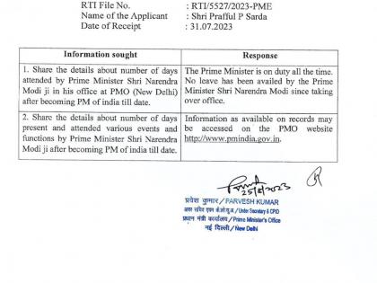 'PM Modi has not availed a single leave in last 9 yrs': PMO in response to RTI query | 'PM Modi has not availed a single leave in last 9 yrs': PMO in response to RTI query