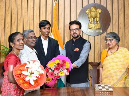 Sports Minister Anurag Thakur honours chess GM R. Praggnanandhaa and his parents | Sports Minister Anurag Thakur honours chess GM R. Praggnanandhaa and his parents Sports Minister Anurag Thakur honours chess GM R. Praggnanandhaa and his parents | Sports Minister Anurag Thakur honours chess GM R. Praggnanandhaa and his parents