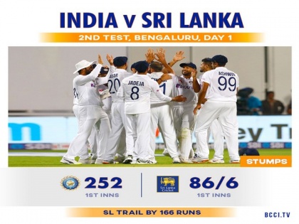 Ind Vs SL, 2nd Test (D/N): Bowlers put hosts in a strong position to leave visitors tottering at 86/6 at Stumps on Day-1 | Ind Vs SL, 2nd Test (D/N): Bowlers put hosts in a strong position to leave visitors tottering at 86/6 at Stumps on Day-1
