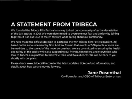 Tribeca Film Festival postponed due to coronavirus | Tribeca Film Festival postponed due to coronavirus