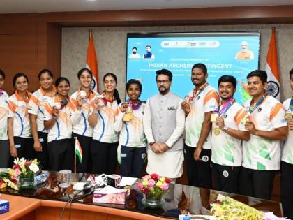 Sports Minister Anurag Thakur felicitates medal-winning compound and recurve archers | Sports Minister Anurag Thakur felicitates medal-winning compound and recurve archers Sports Minister Anurag Thakur felicitates medal-winning compound and recurve archers | Sports Minister Anurag Thakur felicitates medal-winning compound and recurve archers