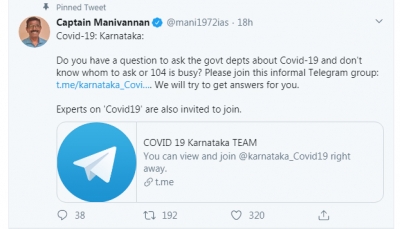 K'taka govt COVID-19 Telegram group buzzes with activity | K'taka govt COVID-19 Telegram group buzzes with activity K'taka govt COVID-19 Telegram group buzzes with activity | K'taka govt COVID-19 Telegram group buzzes with activity