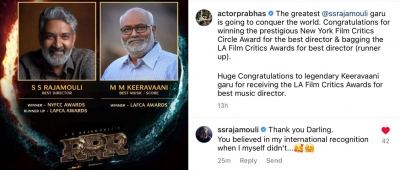 'Thank your darling', says Rajamouli, as Prabhas cheers 'RRR' accolates | 'Thank your darling', says Rajamouli, as Prabhas cheers 'RRR' accolates
