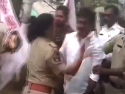 Andhra woman police officer slaps Jana Sena worker | Andhra woman police officer slaps Jana Sena worker