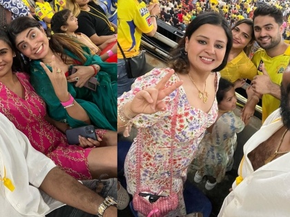 Vignesh Shivan gets clicked with Sakshi Dhoni, Raviba Jadeja while cheering for Chennai Super Kings | Vignesh Shivan gets clicked with Sakshi Dhoni, Raviba Jadeja while cheering for Chennai Super Kings