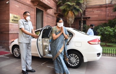 Sitharaman attends office sporting home-made mask | Sitharaman attends office sporting home-made mask