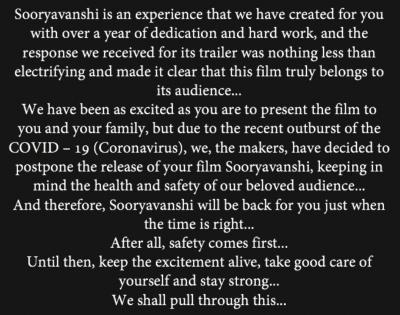 COVID-19 effect: Akshay Kumar's 'Sooryavanshi' postponed | COVID-19 effect: Akshay Kumar's 'Sooryavanshi' postponed COVID-19 effect: Akshay Kumar's 'Sooryavanshi' postponed | COVID-19 effect: Akshay Kumar's 'Sooryavanshi' postponed