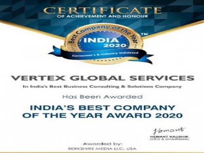 Vertex Global Services bags the prestigious India's Best Company of the Year Awards 2020, by Berkshire Media | Vertex Global Services bags the prestigious India's Best Company of the Year Awards 2020, by Berkshire Media