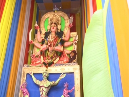 Idol of goddess Durga slaying COVID-19 set up in Hyderabad for Durga Puja | Idol of goddess Durga slaying COVID-19 set up in Hyderabad for Durga Puja