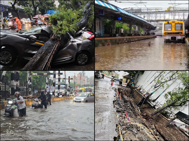 Mumbai Rain Havoc: Tree Falls on Car in Dadar, Wall Collapse Reported in Vikhroli; Waterlogging Disrupts Traffic