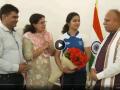 Union Minister Manohar Lal Khattar Felicitates Double Olympics Medalist Manu Bhaker in Delhi (Watch Video) - Hindi News | Union Minister Manohar Lal Khattar Felicitates Double Olympics Medalist Manu Bhaker in Delhi (Watch Video) | Latest national News at Lokmattimes.com