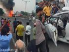 Pune Navale Bridge Accident: Car Trapped Between Containers Catches Fire, Several Injured (Watch Video)